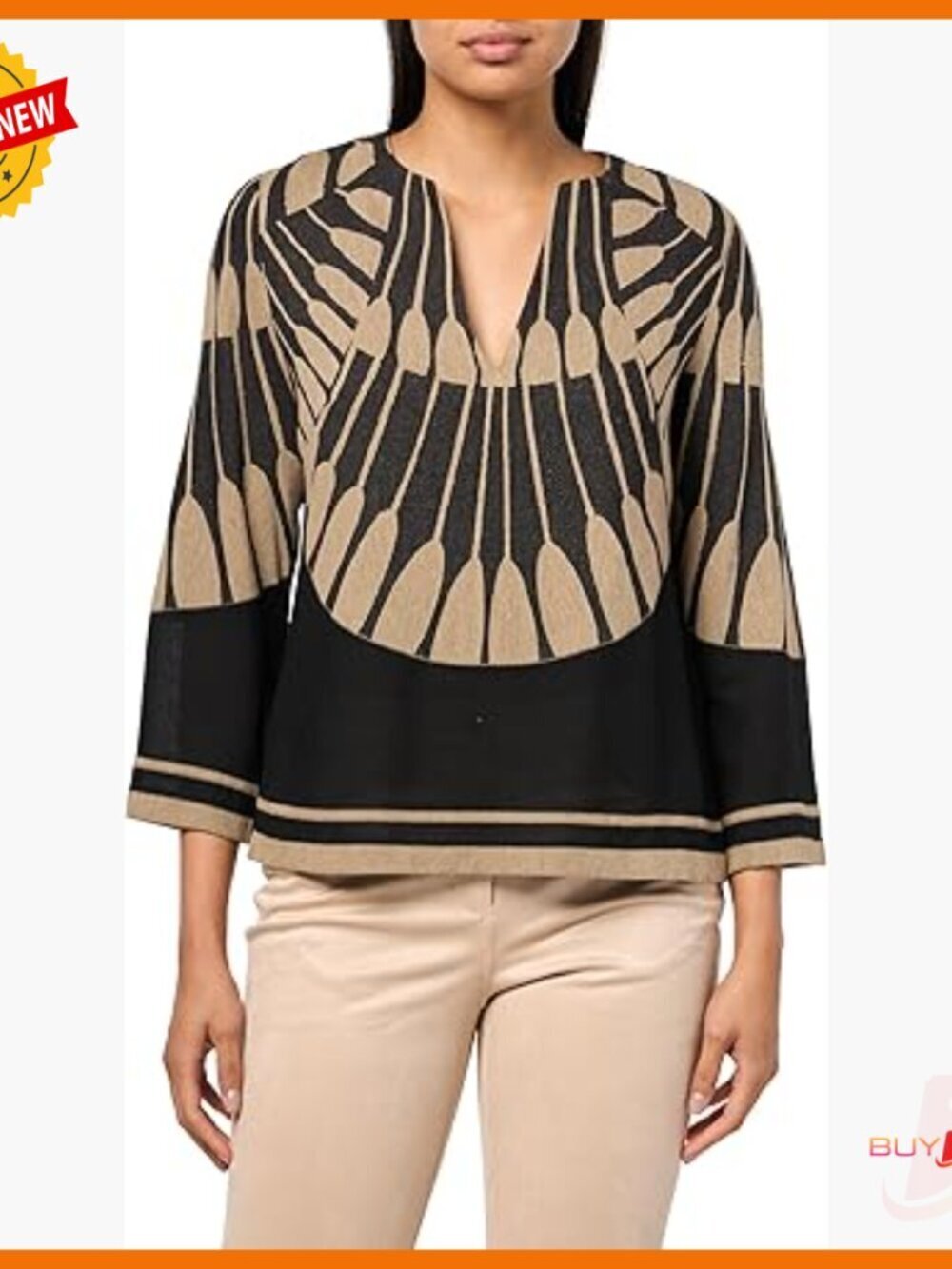 Long Sleeve V-Neck Blouse with Geometric Print, Regular Fit
